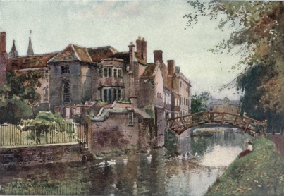 QUEENS’ COLLEGE FROM THE RIVER FRONT

On the left is seen the garden front of the President’s Lodge. The
wooden bridge designed by Etheridge (1749) is known as the Mathematical
Bridge. In the distance are the two old mills—the King’s Mill and the
Bishop’s Mill.
