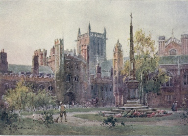 THE GATEWAY AND TOWER OF ST. JOHN’S COLLEGE

The Kirke White memorial is seen in the foreground, and behind it are
the Divinity Schools; to the left is the Gateway of St. John’s, with the
Tower behind it. The enclosed space in the foreground was formerly the
site of All Saints’ Church, pulled down in 1865.
