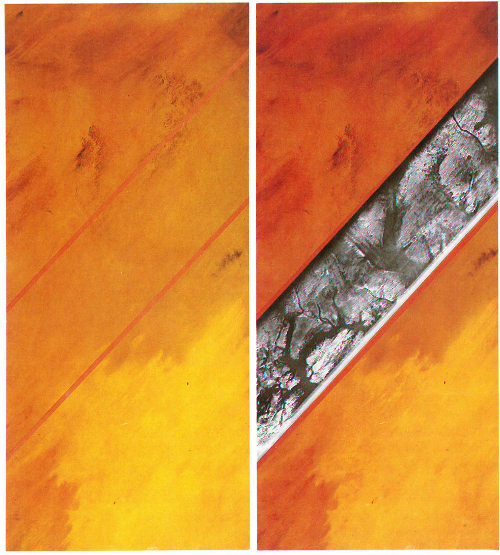 The Landsat simulated true color mosaic (left) shows the Selima Sand Sheet covering all but rocky areas of the Sahara Desert in Sudan. On the right, a 50-kilometer-wide strip of Shuttle Imaging Radar, SIR-A, is placed over the Landsat mosaic to reveal old stream channels and geologic structures like these. Structures that are otherwise invisible under the surface sands are potential sources of water, placer minerals, ancient artifacts, and information on changes of climate in arid areas (courtesy of USGS Image Processing Facility, Flagstaff).