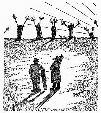 Two men looking at line of trees on horizonthat look like a row of people with their hands in the air