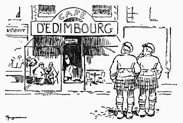 Two Scot soldiers looking at a restaurant named Cafe d'Edimbourg
