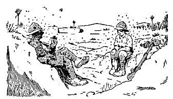 two men sittind in trench surrounded by flies