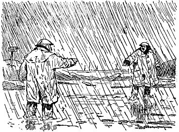 two men approaching each other in blinding rain