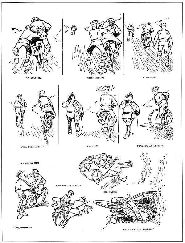 Words inside drawings: “A soldier when riding a bicycle will turn his head smartly towards an officer in passing him and will not move his hands from the handle-bar.”