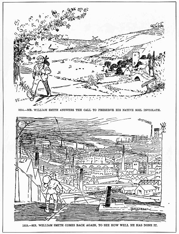 first scene: man leaving farmland behind and second scene: returning to factories