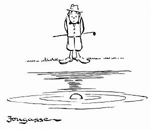 golfer looking forlornly at ball in water trap