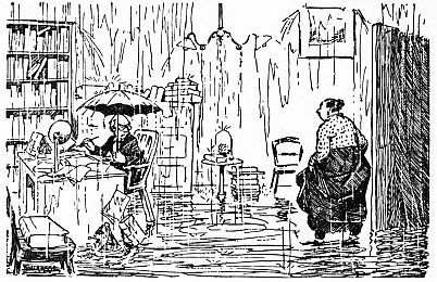 professor sitting at desk under umrella, wife stands nearby holding her skirts up from flooded floor, water pours from ceiling like steady rain