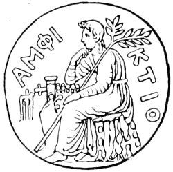 Fig. 16.—Apollo on his sacred tripod, a laurel branch in his hand.(From a coin, probably of Delphi.)