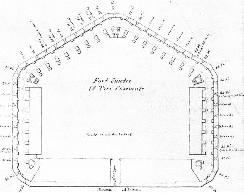 First-floor plan, Fort Sumter, March 1861. The Gorge (designed for officers’ quarters) is at the base of the plan. Gun casemates line the other four sides. The fort magazines were at either extremity of the Gorge in both casemate tiers. Courtesy National Archives.