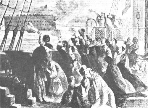 In the face of war preparations, wives and children leave Fort Sumter, February 3, 1861. From Frank Leslie’s Illustrated Newspaper, February 23, 1861.