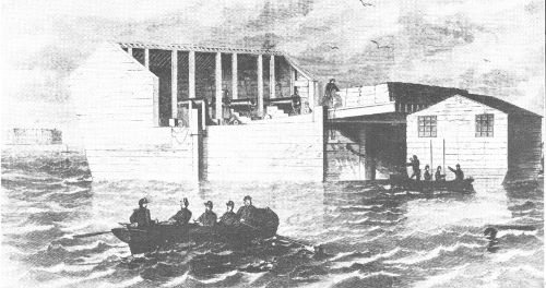 Artist’s conception of the Confederate floating battery. The structure at the right was designed to be a hospital. From Frank Leslie’s Illustrated Newspaper, March 30, 1861.