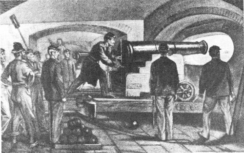 Preparing to fire the first shot from Fort Sumter, April 12, 1861. Contemporary artist’s conception. Courtesy Charleston Library Society.