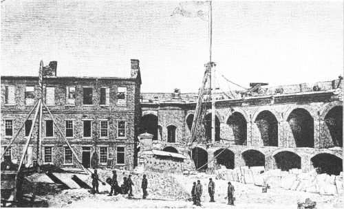 Interior of Fort Sumter after the bombardment of April 1861. The Left Flank barrack is at the left; the Left Face is at the right. From G. S. Crawford, The Genesis of the Civil War.