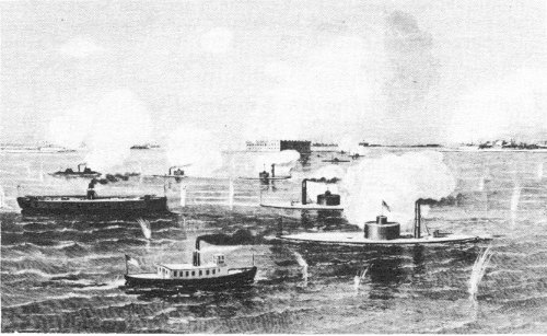 Contemporary artist’s conception of Ironclad attack, April 7, 1863. The flagship New Ironsides is at left center. From Harper’s Weekly, May 2, 1863.
