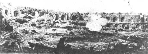 Shell from the monitor Weehawken exploding on the interior of Fort Sumter, September 8, 1863. From an original photograph by G. S. Cook, Courtesy Charleston Chapter No. 4, United Daughters of the Confederacy.