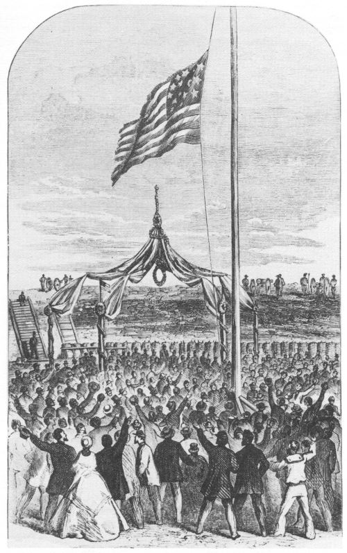 Raising the original flag at Fort Sumter, April 14, 1865. Contemporary artist’s sketch from French and Cary, The Trip of the Steamer Oceanus to Fort Sumter.