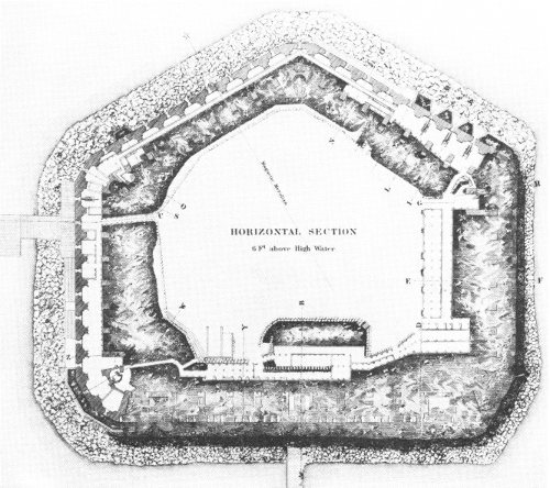 Horizontal section, Fort Sumter, February 1865. The Gorge is at the base of the plan. Courtesy National Archives.
