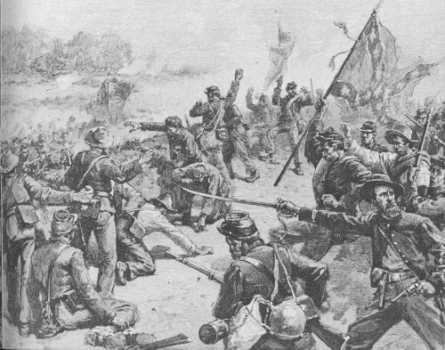 Some of Jackson’s Confederates, their ammunition exhausted, hurling rocks at the advancing Federals, during the Second Battle of Manassas. From “Battles and Leaders of the Civil War.”