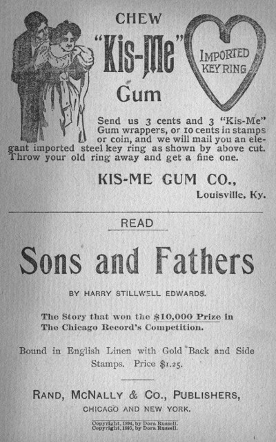 Adverts for Kis-Me Gum and 'Sons and Fathers’ by Harry Stillwell Edwards