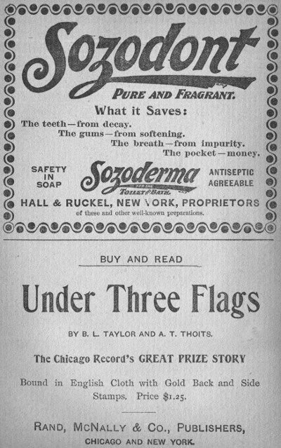 Adverts for Sozodont and ‘Under Three Flags’ by B. L. Taylor and A. T. Thoits