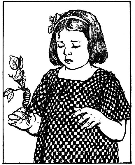girl holding branch with caterpillar on it