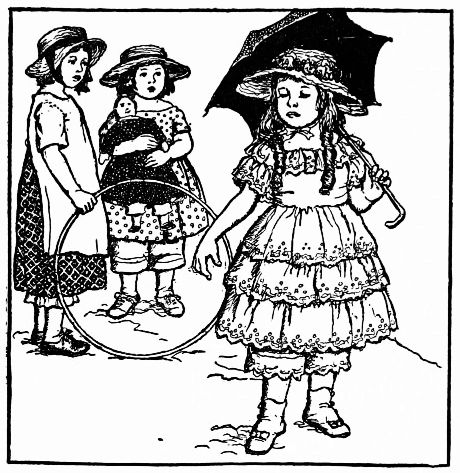 Lucy, with parasol, walking haughtitly past other girls