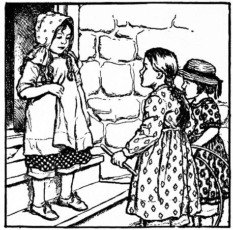 Lucy, dressed in calico, meeting girls to play