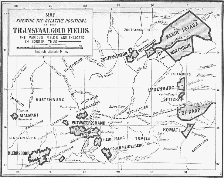 MAP SHEWING THE RELATIVE POSITIONS
OF THE TRANSVAAL GOLD FIELDS.