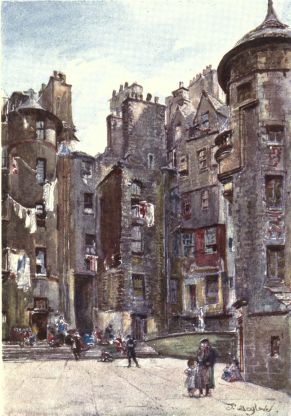 LADY STAIR’S CLOSE

On the extreme right, in the foreground of the picture, is the house of
Eleanor, Dowager Countess of Stair, recently almost rebuilt by Lord
Rosebery. The large opening close to the circular building on the left
leads into the Lawnmarket, and in this building, which stands in
Baxter’s Close, Robert Burns once lodged.