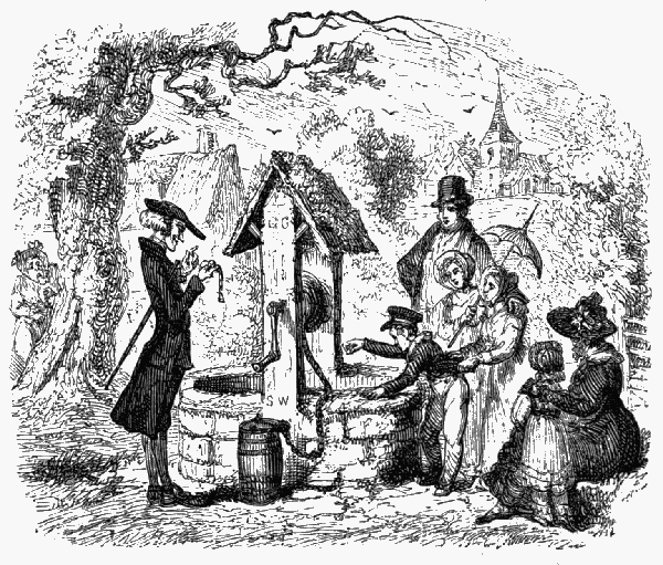 Seven people gathered around a well.