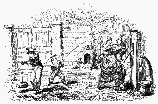 Two boys causing havoc by upsetting a washerwoman.