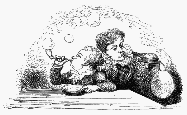 Two boys blowing bubbles from tobacco-pipes.