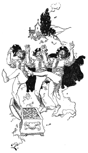 the three students danced around the chest of gold