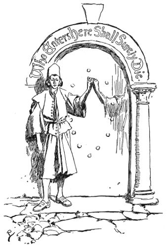 mirror with arched caption: Who Enters Here Shall Surely Die