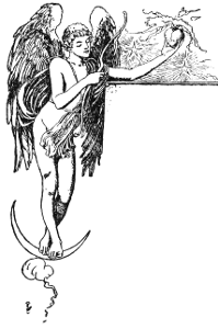 Cupid standing on a crescent moon, holding his bow and a heart