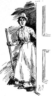 Maid with broom at doorway.