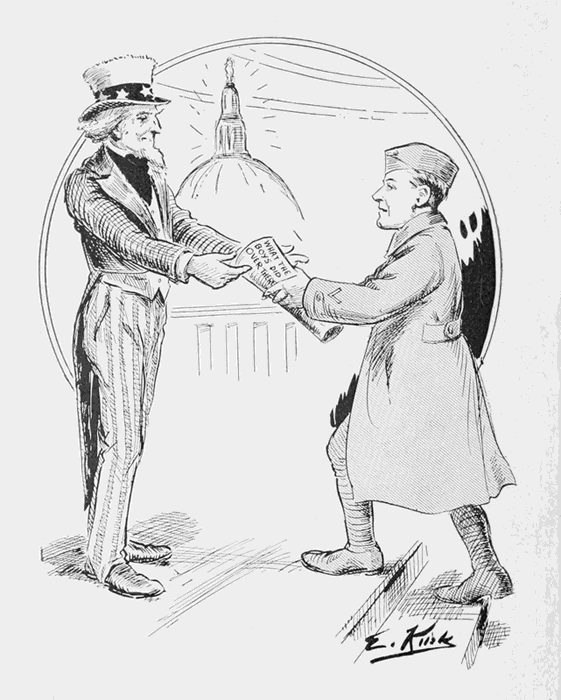 Soldier
presenting book to Uncle Sam