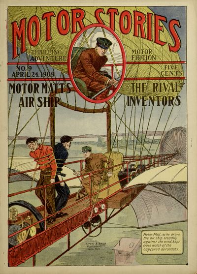 Motor Matt, as he drove
the air ship steadily
against the wind, kept
close watch of the
captured aeronauts.