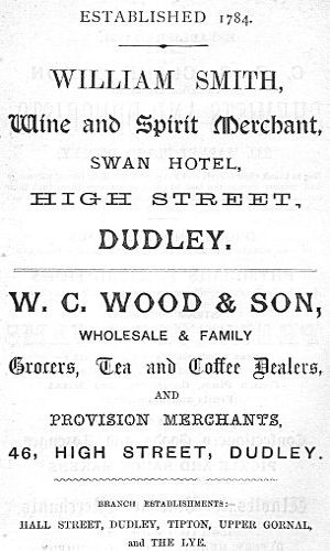 Adverts for William Smith (Wine and Spirit Merchant), W. C. Wood & Son (Grocers)