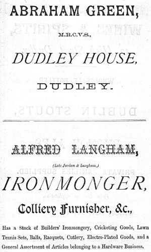 Adverts for Abraham Green (Vet), Alfred Langham (Ironmonger)