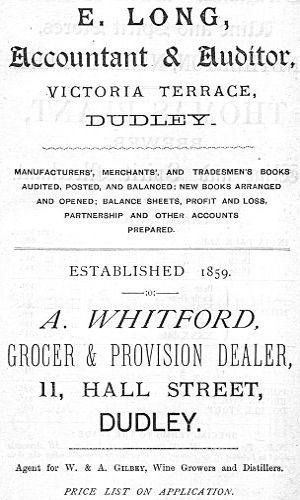 Adverts for E. Long (Accountant & Auditor), A. Whitford (Grocer)