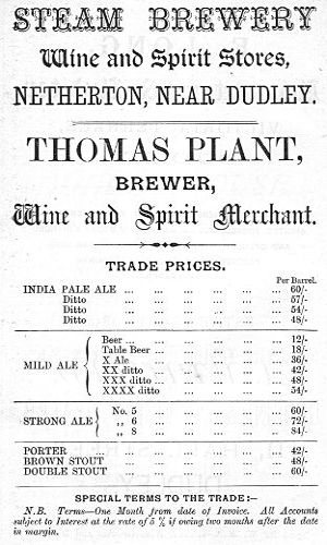 Adverts for Steam Brewery (Wine and Spirit Stores), Thomas Plant (Brewer)