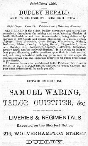 Adverts for the Dudley Herald and Wednesbury Borough News, Samuel Waring (Tailor)