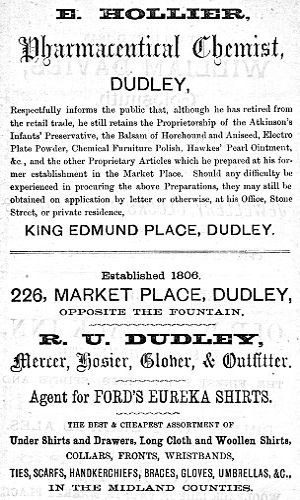 Adverts for E. Hollier (Chemist), R. U. Dudley (Mercer)