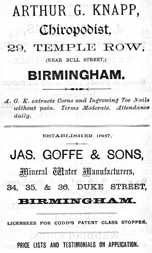 Adverts for Arthur G. Knapp (Chiropodist), Jas. Goffe & Sons (Mineral Water Manufacturers)