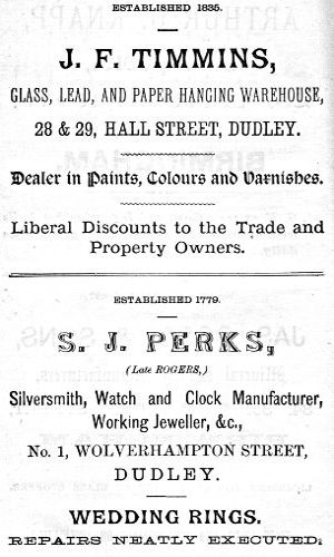 Adverts for J. F. Timmins (Glass, Lead and Paper Hanging Warehouse), S. J. Perks (Silversmith and Jeweller)