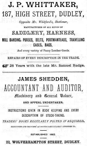 Adverts for J. P. Whittaker (Saddlery), James Shedden (Accountant and Auditor)