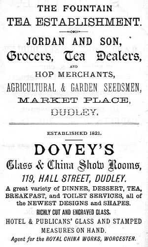 Adverts for The Fountain Tea Establishment, Dovey's Glass & China Show Rooms