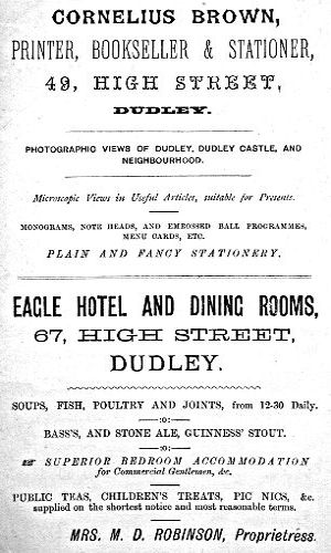 Adverts for Cornelius Brown (Printer, Bookseller & Stationer), Eagle Hotel and Dining Rooms