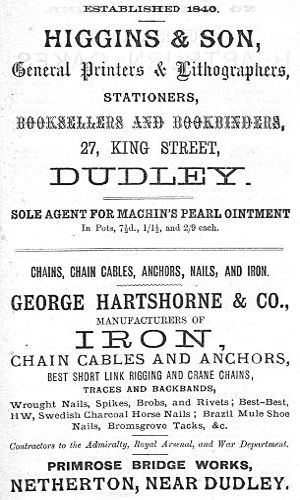Adverts for Higgins & Son (General Printers & Lithographers), George Hartshorne & Co. (Manufacturers of Iron)